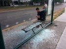 Smashed glass on bus stop